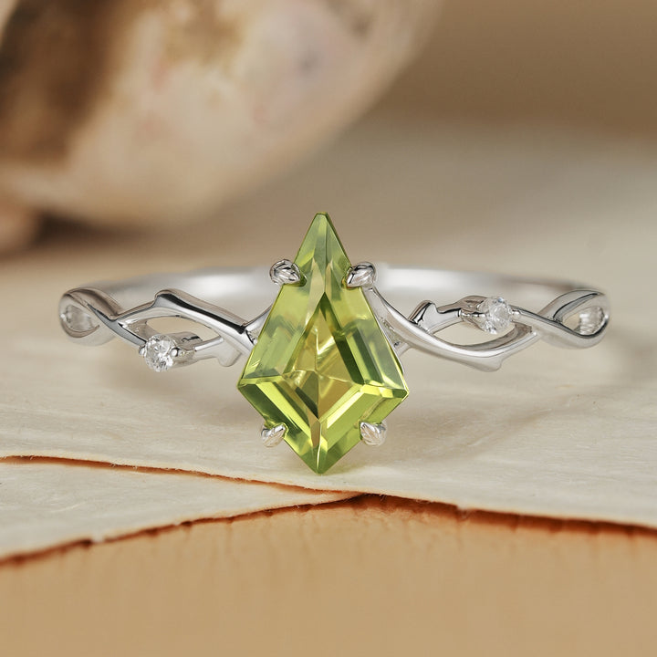 Unique Kite Cut Peridot Vine Engagement Ring