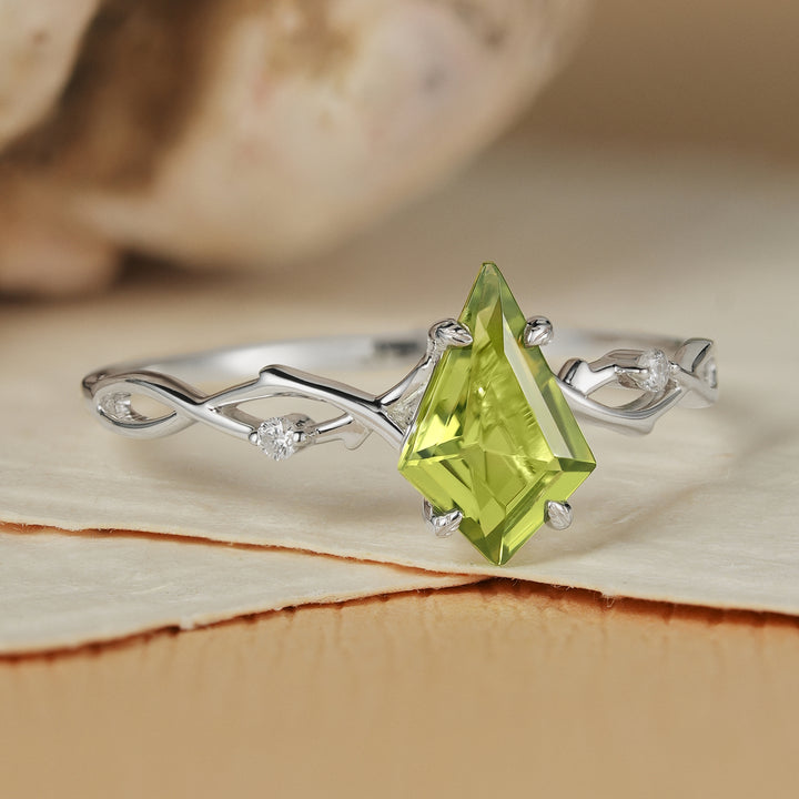 Unique Kite Cut Peridot Vine Engagement Ring