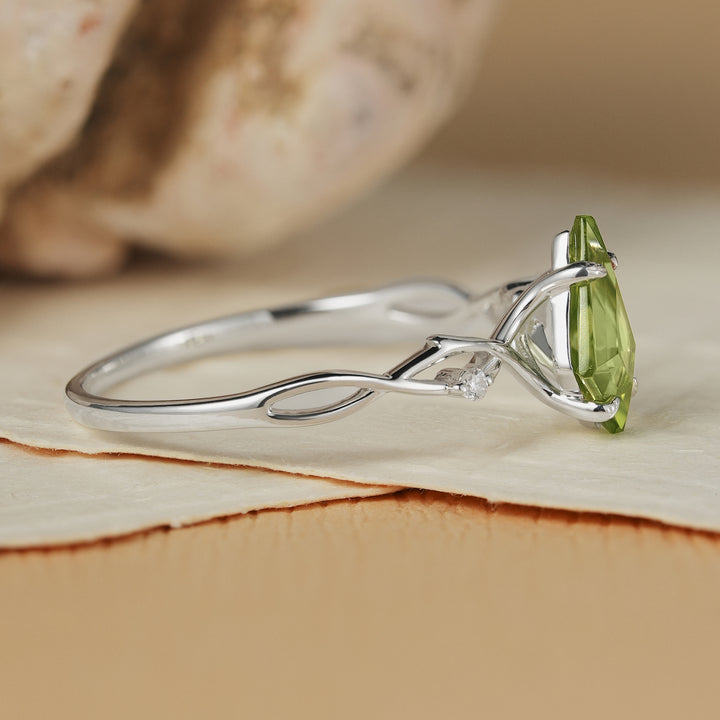 Unique Kite Cut Peridot Vine Engagement Ring