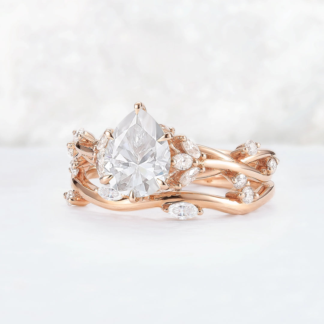 Unique Pear Cut Moissanite Vine Gemstone Ring Set 2pcs