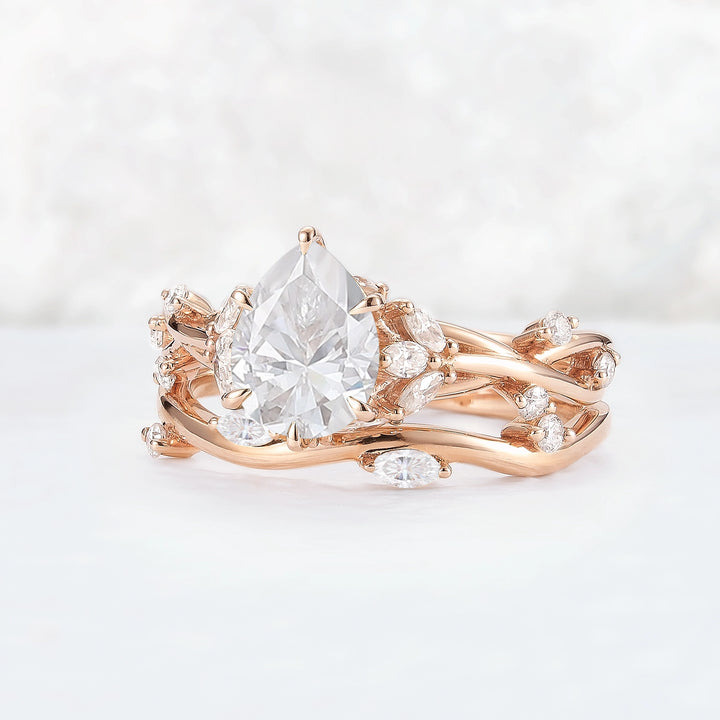 Unique Pear Cut Moissanite Vine Gemstone Ring Set 2pcs