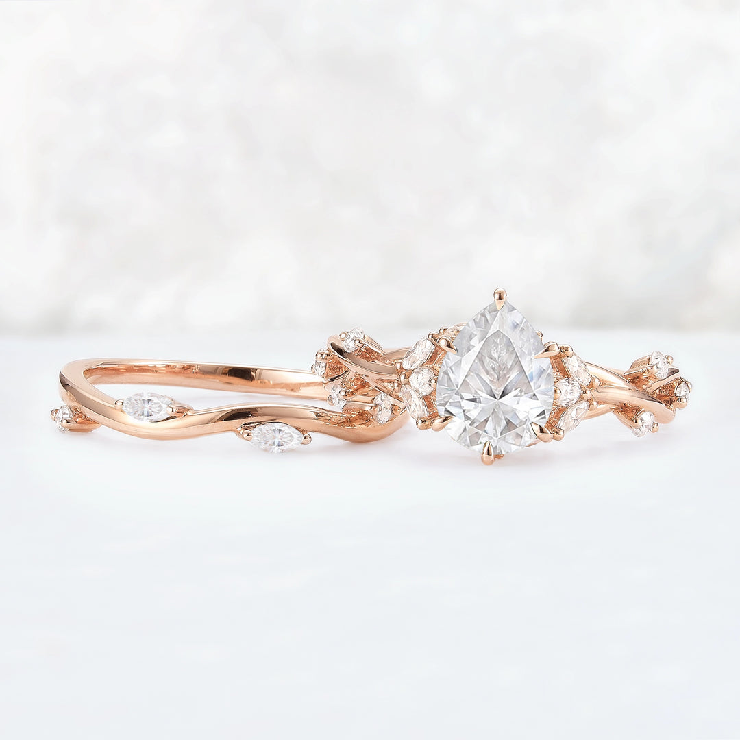 Unique Pear Cut Moissanite Vine Gemstone Ring Set 2pcs