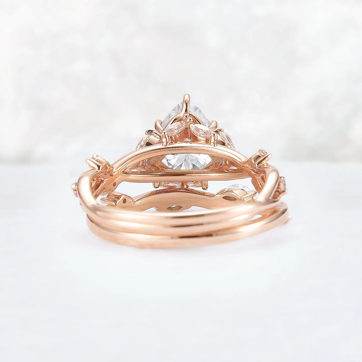 Unique Pear Cut Moissanite Vine Gemstone Ring Set 2pcs