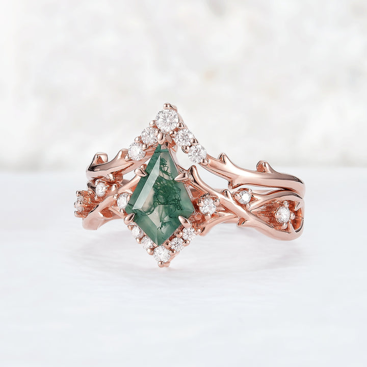 Unique Kite Cut Moss Agate Twig Engagement Ring Set 2pcs