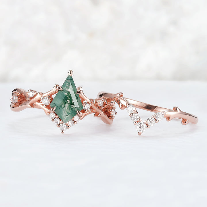 Unique Kite Cut Moss Agate Twig Engagement Ring Set 2pcs