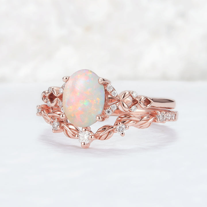 Unique Oval Opal Leaf engagement ring set 2pcs