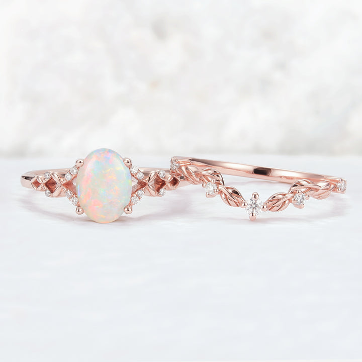 Unique Oval Opal Leaf engagement ring set 2pcs