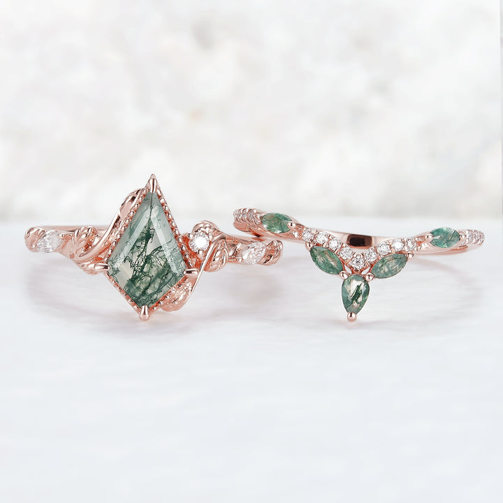 Nature Kite Cut Moss Agate Leaf Engagement Ring Set 2pcs