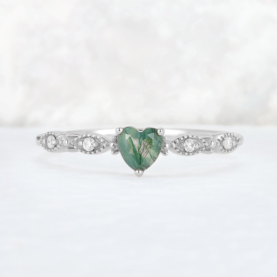 Vintage Heart Shaped Cut Moss Agate and Moissanite Gemstone Ring