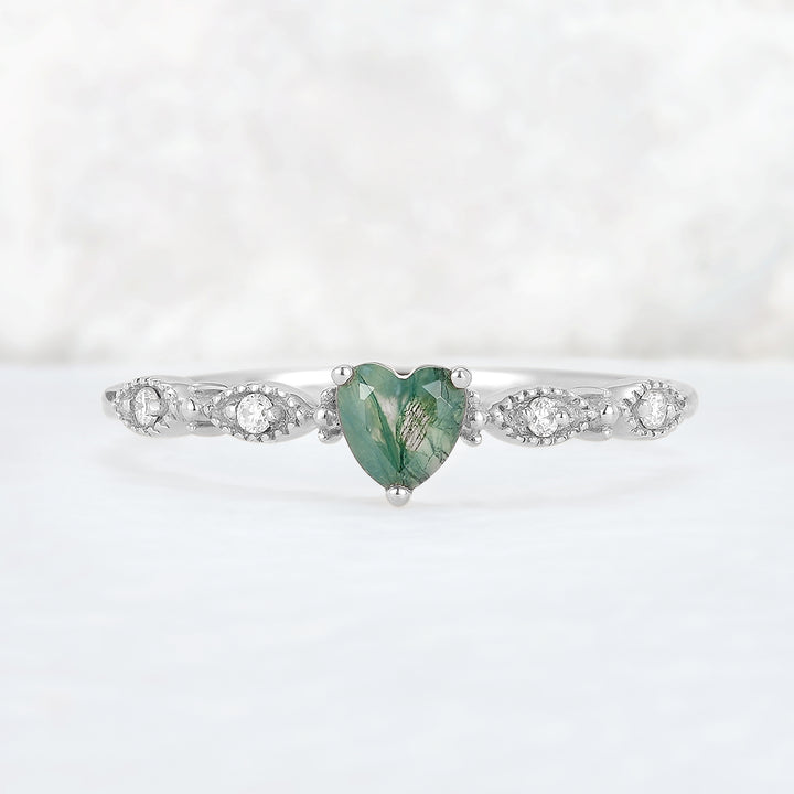 Vintage Heart Shaped Cut Moss Agate and Moissanite Gemstone Ring