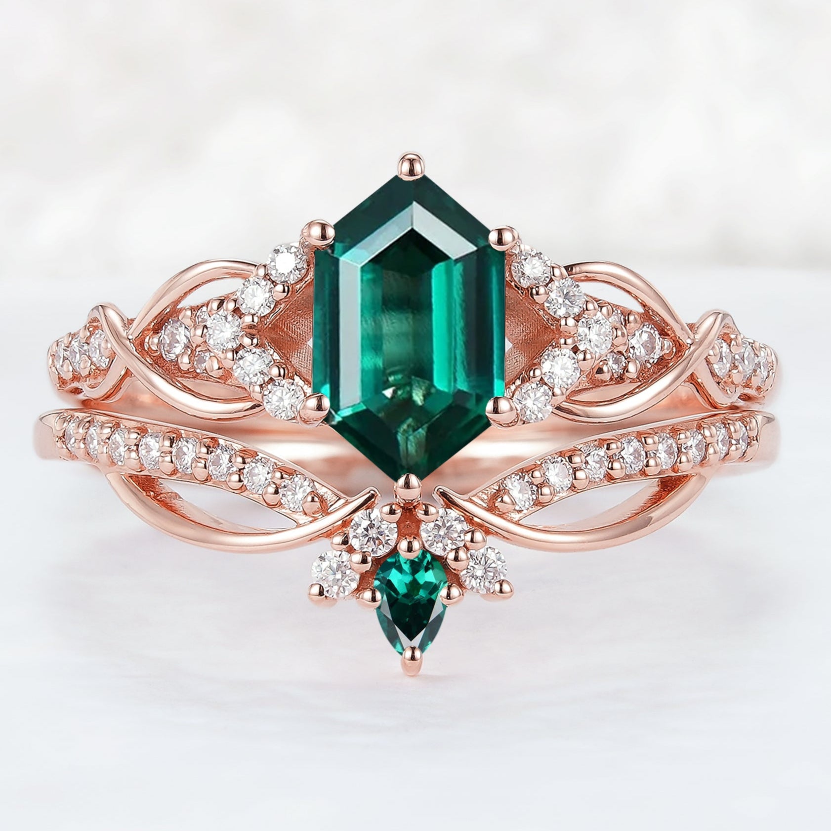 Unique Hexagon Cut Emerald Vine Gemstone Ring Set 2pcs - Iver Jewelry
