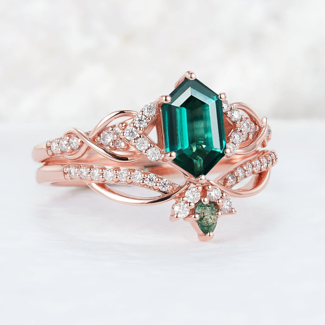 Unique Hexagon Cut Emerald Vine Engagement Ring Set 2pcs