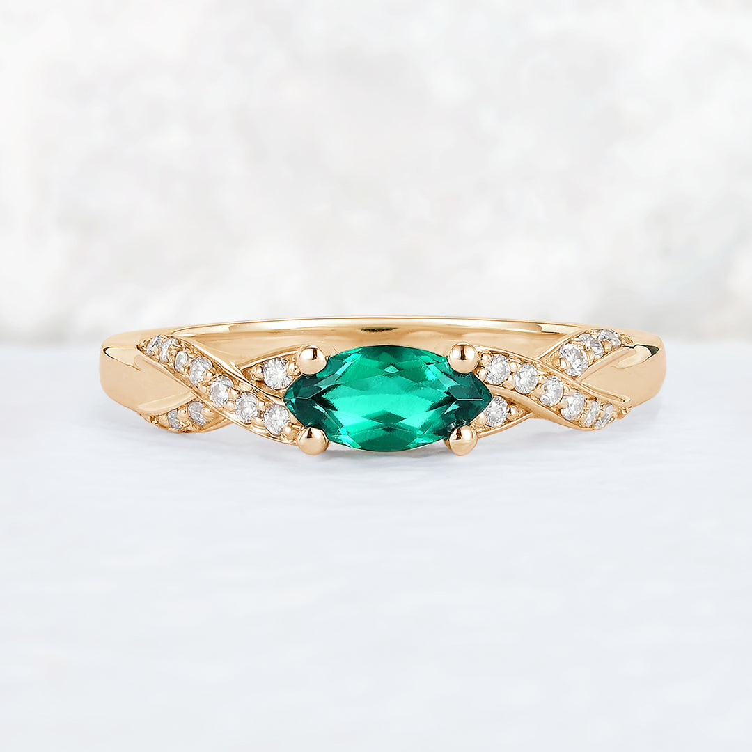 Straight Marquise Cut Emerald and Moissanite Mobius Gemstone Ring