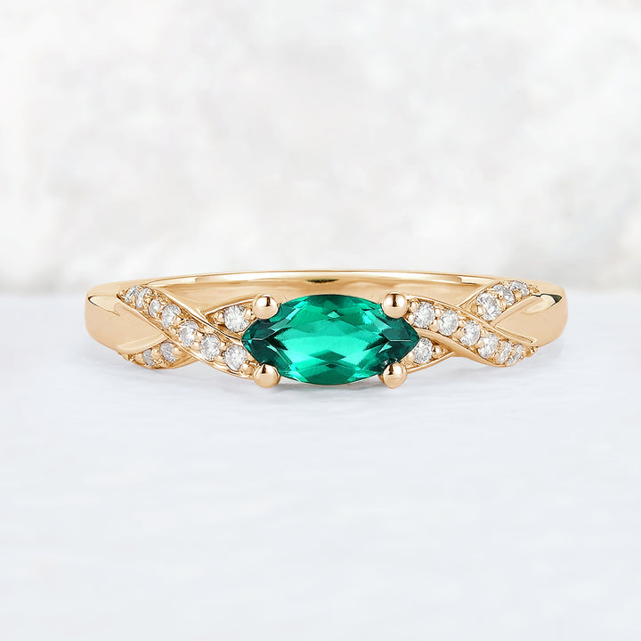Straight Marquise Cut Emerald and Moissanite Mobius Gemstone Ring