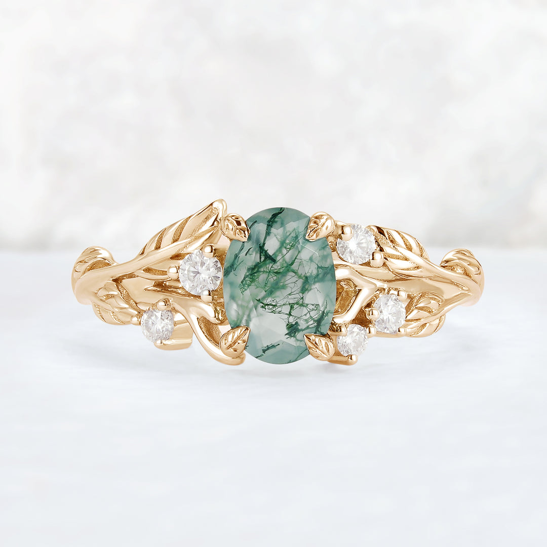 Nature Inspired Oval Cut Moss Agate Leafy 10K Gold Ring