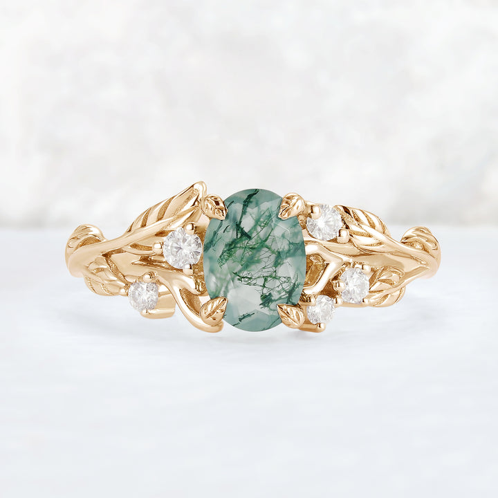 Nature Inspired Oval Cut Moss Agate Leafy 10K Gold Ring