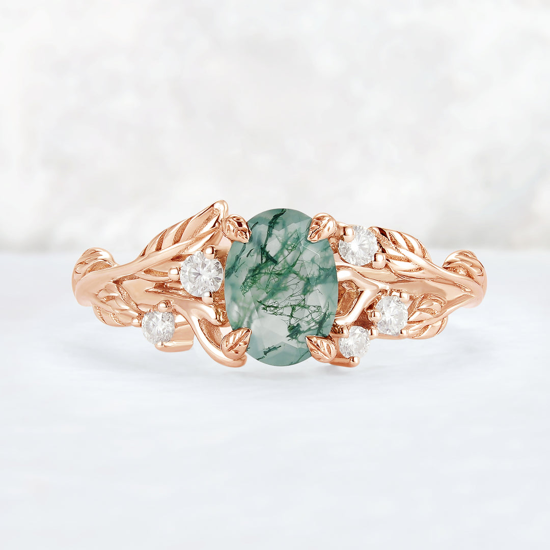 Nature Inspired Oval Cut Moss Agate Leafy 10K Gold Ring