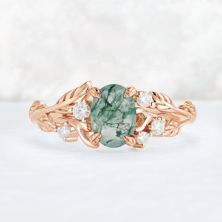 Nature Inspired Oval Cut Moss Agate Leafy 10K Gold Ring