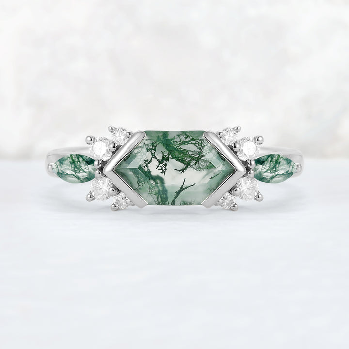 Cluster Hexagon Cut Moss Agate Bezel 14K Gold  Gemstone Ring