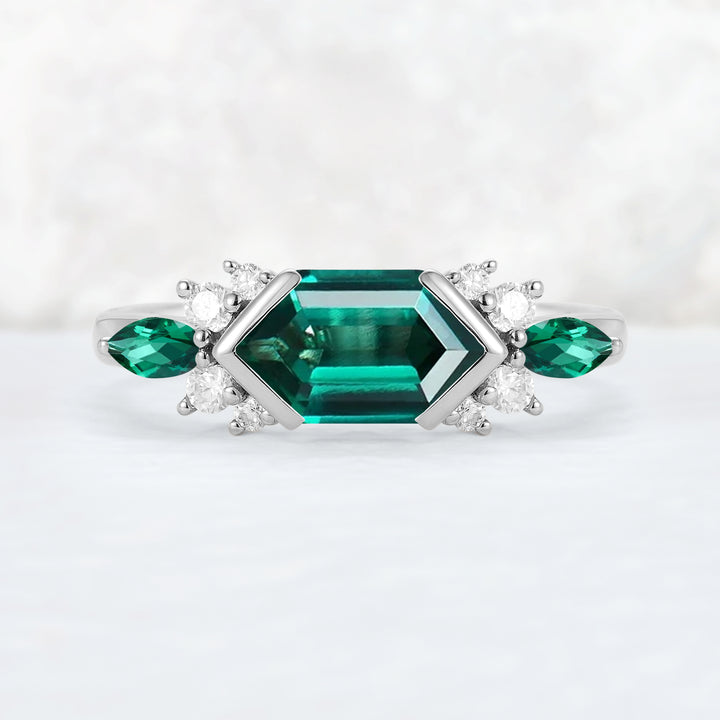 Cluster Hexagon Cut Emerald Bezel 14K Yellow Gold  Gemstone Ring