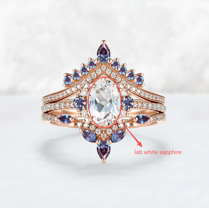 Custom Oval Cut White Sapphire Ring Set 3pcs for Courtney B